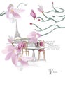 Design with the Eiffel tower, spring flowers and a cafÃ© table with a cup of coffee. Series of spring greeting backgrounds. Royalty Free Stock Photo